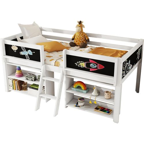 Halbhohes Bett,Kinderbett(Weiss,90*200cm)Mehrere Einlegeböden zur Aufbewahrung, Geländer,Leiter,Kiefernholz,Ohne Matratze,Minimalistischer Stil