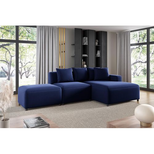Ecksofa Designersofa MEGAN XS inkl. Hocker Stoff Salvador Dunkelblau Ottomane Rechts