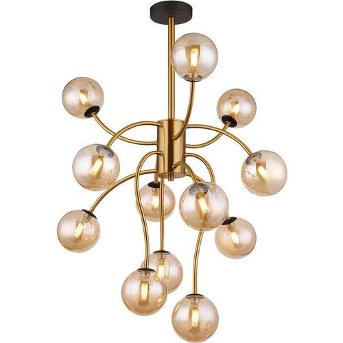 LED Deckenleuchte, Glaskugeln amber, 12 Flammig, H 93 cm