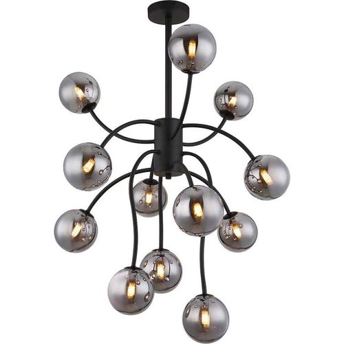 LED Deckenlampe, 12 Flammig, Glaskugeln rauchfarben, H 93 cm