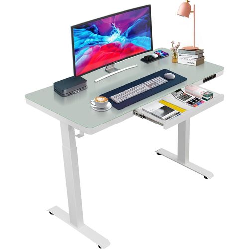Höhenverstellbarer Tisch. Versteckter Schubladensitz mit 2 Aufbewahrungsmöglichkeiten, Smart Touchpad und USB Anschluss. Verstelltisch für Glasplatte