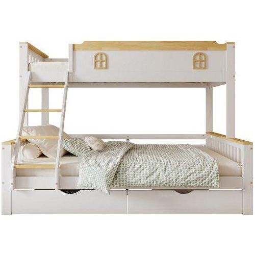 Etagenbett 140x200cm Jugendbett£ohne Matratze£©Gaestebett mit Schubladen Kiefer mit farblich abgesetztem Fallschutzgitter Praktisches Holzbett Weiss