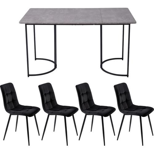 Essgruppe (5-tlg) Esstisch mit 4 Stuehlen Set Kuechentisch Set Schwarz Metallbeinen Grau MDF Tischplatte 140x80cm Schwarz Samt Esszimmerstuhl