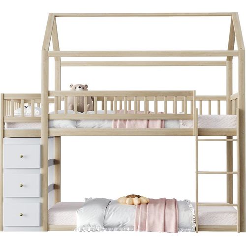 Etagenbett Mit Aufbewahrungskommode und Regalen Leiter Kinderbett Hausbett Jugendbett 90 * 200 cm Holzfarbe