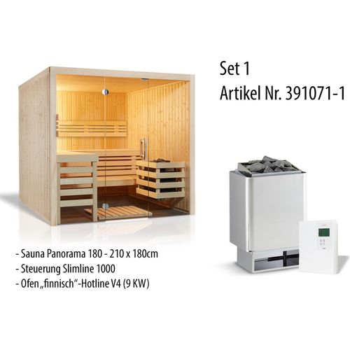 Infraworld Panorama 180 Saunakabine Elementsauna aus nordischer Fichte 210x180x203 cm Set mit Saunaofen Hotline V4 (9 kW), Steuerung Saunacontrol A und 15 kg Saunasteinen