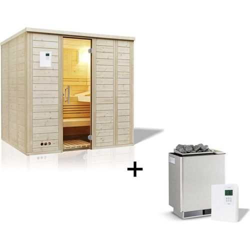 Infraworld Urban 164 gerade Saunakabine Massivholzsauna Fichte 211x164x200 cm Set mit Verdampferofen Hotline S7 (9 kW/1,5 kW), Silikonkabel, Saunasteuerung Saunacontrol A0 und 15 kg Saunasteinen