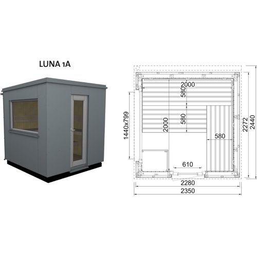 Infraworld Luna 1 Außensauna mit HPL-Platten Anthrazit versch. Fenstergrößen und Inneneinrichtung Luna 1A - Großes Fenster (BxH): 1440 x 799 mm