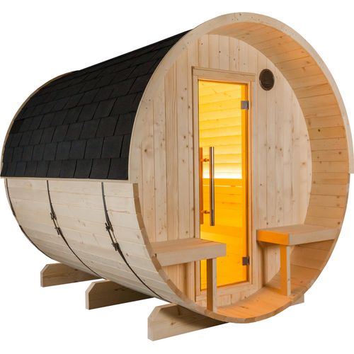 Sentiotec Kuusi 240 Canopy Fasssauna aus Fichte Gartensauna mit Dacheindeckung Ø 220 x 240 cm