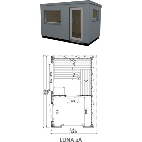 Infraworld Luna 2 Außensauna mit HPL-Platten Anthrazit versch. Fenstergrößen und Inneneinrichtung Luna 2A - Großes Fenster (BxH): 1440 x 799 mm