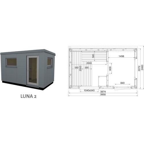 Infraworld Luna 2 Außensauna mit HPL-Platten Anthrazit versch. Fenstergrößen und Inneneinrichtung Luna 2 - Fenster (BxH): 1040 x 540 mm