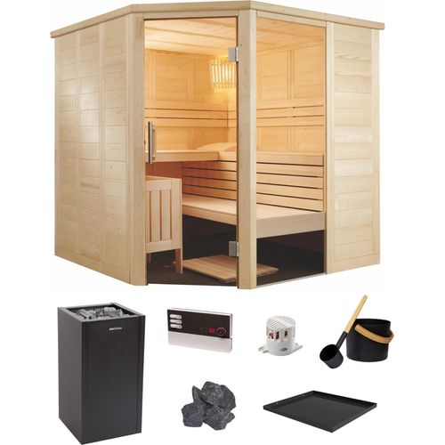 Sentiotec Alaska Corner Saunakabine Komplett Set mit Saunaofen, Steuerung und Zubehör