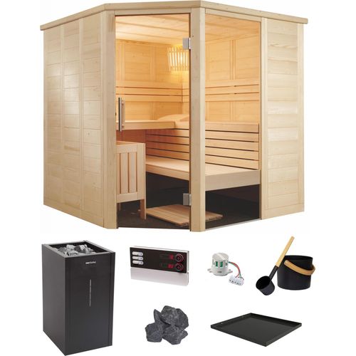 Sentiotec Alaska Corner Saunakabine Komplett Set mit Combi-Saunaofen, Steuerung und Zubehör