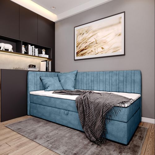 Boxspringbett BLANCA mit Topper und Bettkasten Einzelbett mit zwei Dekokissen Jugendbett (100x200 cm links, Blau)