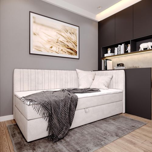 Boxspringbett BLANCA mit Topper und Bettkasten Einzelbett mit zwei Dekokissen Jugendbett (100x200 cm rechts, Creme)