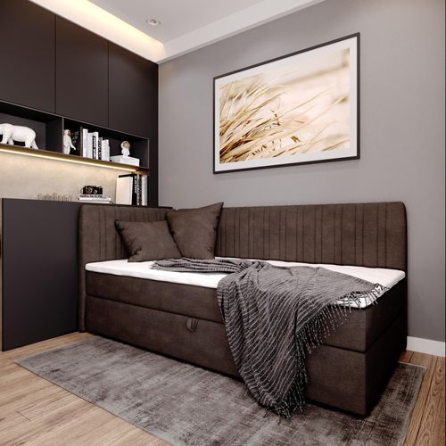 Boxspringbett BLANCA mit Topper und Bettkasten Einzelbett mit zwei Dekokissen Jugendbett (90x200 cm links, Dunkelbraun)
