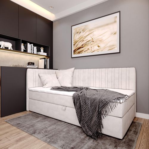 Boxspringbett BLANCA mit Topper und Bettkasten Einzelbett mit zwei Dekokissen Jugendbett (100x200 cm links, Creme)