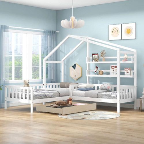 Kinderbett Hausbett mit Schubladen und Regalen, Massivholz mit Zaun und Lattenrost, L-Struktur, (90x200 cm+140x70cm)