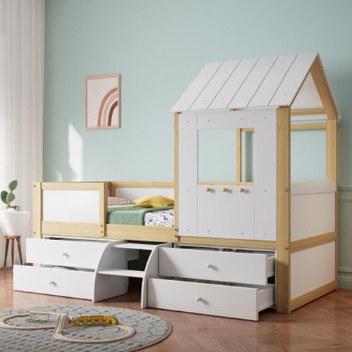 Kinderbett, Hausbett mit Dach und Fenster, Vierseitiger Zaun, mit 4 Schubladen und kleine Treppe, 90x200cm