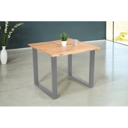 Esstisch Baumkante Akazie massiv eichenfarben 80 x 80 U-Gestell silber DEREK