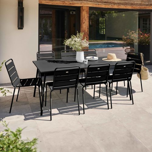 Gartentisch und 8 Stühle aus pulverbeschichtetem Stahl Schwarz - Oviala Palavas