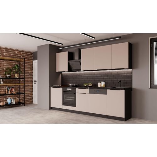 Küche ARONA BASIC 280 cm Küchenzeile Küchenblock Einbauküche Kaschmir beige matt + Schwarz matt