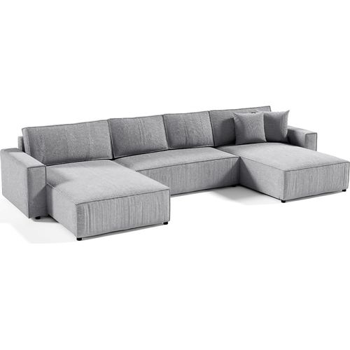 U-Sofa 5-sitzig umbaubar Truhe Isaac Cord Hellgrau