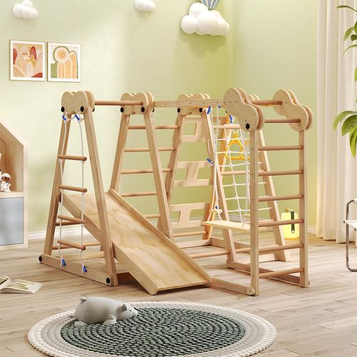 7 in 1 Multifunktionales Spieltur Klettergerüst mit Rutsche Kletterstange Schaukel Kletterseil Netzleitern Faltbares Kletterturm für Kinder Indoor