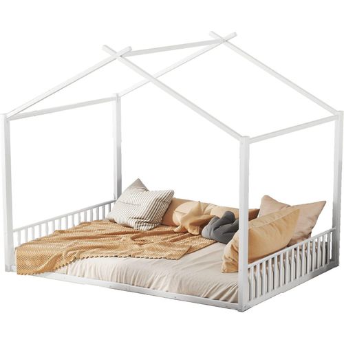 Doppelbett 140x200 cm Kinderbett (Ohne Matratze) Hausbett Eisenrahmen Bett Bodenbett Metallbett mit Lattenrost Weiss Metall und MDF