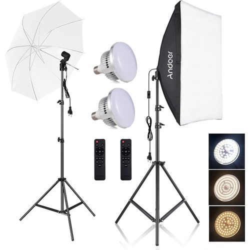 Andoer Studio-Fotografie-Lichtset, Softbox-Beleuchtungsset mit 2 zweifarbigen 85-W-Gluehbirnen + 1 Softbox 50 x 70 cm + 1 weisser 33-Zoll-Fotografieschirm + 1 Lampenfassung E27 + 2,1 m Lichtstative + 2 Fernbedienungen fuer Studio-Portrait-Produktfotos, Live-Streaming-Videoaufzeichnung