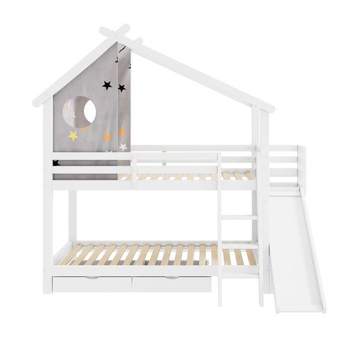 Etagenbett mit 2 Schubladen Aufbewahrungsschrank und Abnehmbarem Vorhang Kinderbett Hausbett Jugendbett Doppelbett 90*200cm Weiß