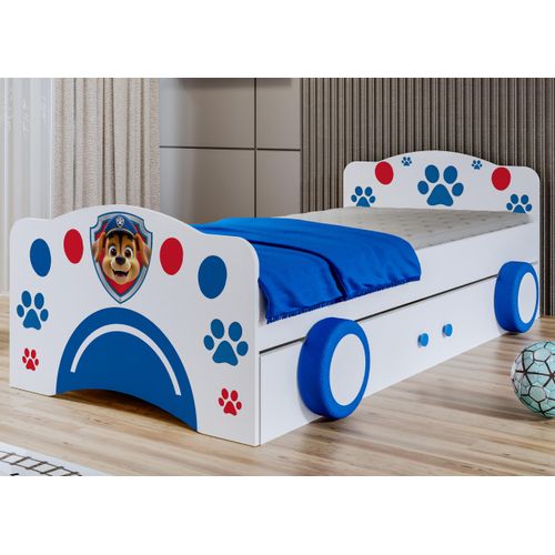 Happy Babies Kinderbett mit Rausfallschutz Junge 180x90 Bett für Kinderzimmer mit Schublade Matratze Einzelbett für Kinder Weiß Blau Auto BETT