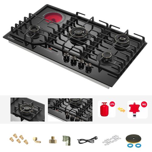 Gaskochfeld 4-flammig und 1 Glaskeramik Kochfeld, Gaskochfeld 90cm, LPG/NG, Kupfer- und Aluminium-Brennern, hitzebeständigem Glas, Autark