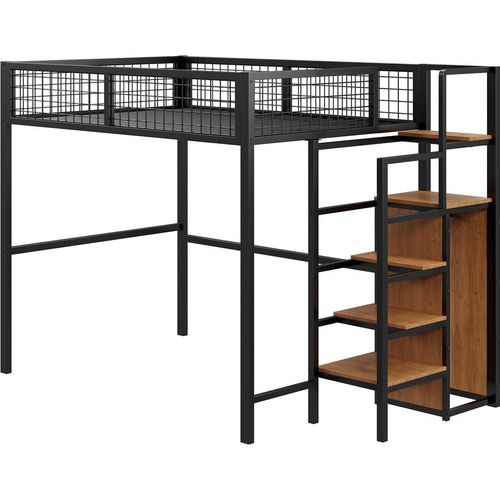 Hochbett 140*200 mit Leiter, Kinderbett mit Eisenrahmen und Aufbewahrungsregal, Kleiderschrank