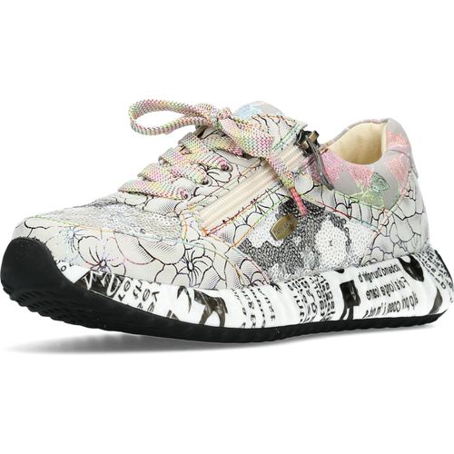 Laura Vita Damen Sneaker Leder Blumenmuster Schrift Reißverschluss Burton 1123, Größe:37 EU, Farbe:Weiß