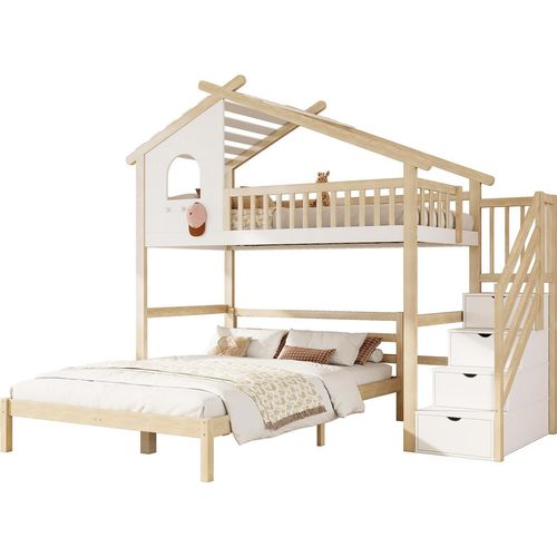 Hochbett, 90*200 cm, Bettgitter, Stauraumleiter, Fenster, Hausleiste, Unterbett 140*200 cm, Weiß + Natur