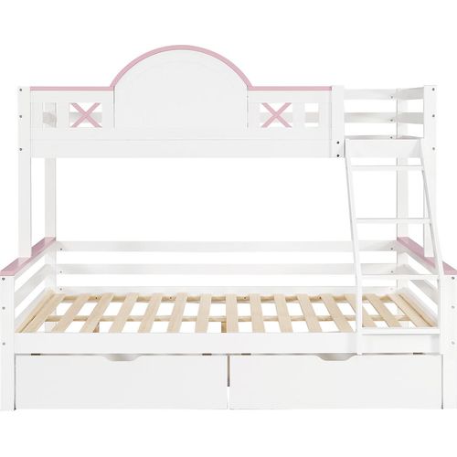Etagenbett mit farblich abgesetztem Fallschutzgitter Zwei Schubladen Fenster und Schrägleiter Kinderbett Jugendbett 90x200cm&140x200cm Weiß+Rosa