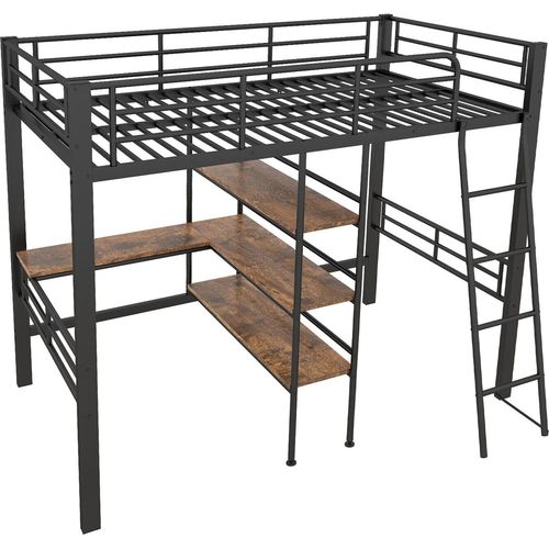 Hochbett(schwarz)Hausbett mit Schreibtisch, Mehrere Regale, Geländer, Leiter, Eisenrahmen