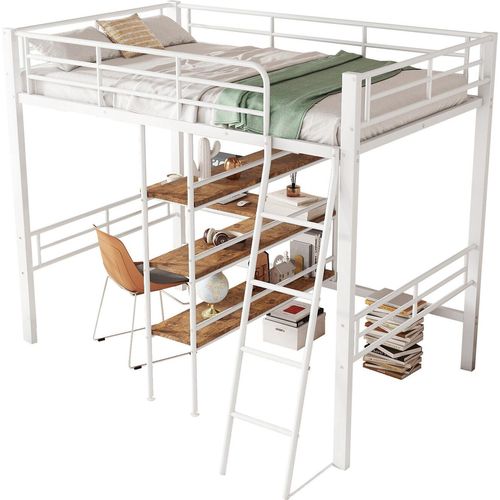 Hochbett(Weiß)Hausbett mit Schreibtisch, Mehrere Regale, Geländer, Leiter, Eisenrahmen