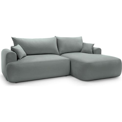 Selsey OVO - Ecksofa mit Schlaffunktion, Stauraum und Samtbezug, grau, rechts