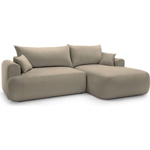 Selsey OVO - Ecksofa mit Schlaffunktion, Stauraum und Samtbezug, grau-beige, rechts