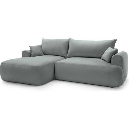 Selsey OVO - Ecksofa mit Schlaffunktion, Stauraum und Samtbezug, grau, links