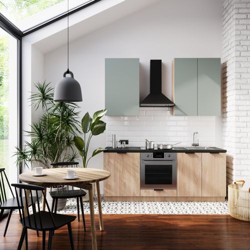 Küchenzeile 200 cm Einbauküche ohne Arbeitsplatte Küchenblock, Sorento K1-M200 Grün/Sonoma Eiche