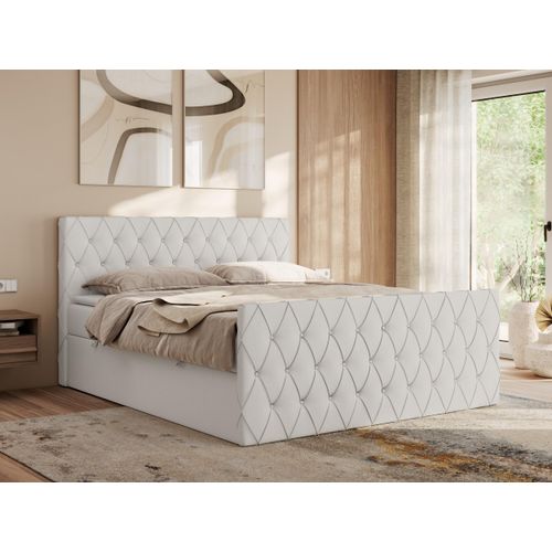 MKS MEBLE Boxspringbett 120x200 mit Bettkasten, Bett 120x200 mit Matratze H3, Boxspringbett 120x200 mit Topper - Miren Duo - Weiß Kunstleder - H3