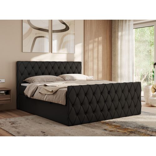 MKS MEBLE Boxspringbett 120x200 mit Bettkasten, Bett 120x200 mit Matratze H4, Boxspringbett 120x200 mit Topper - Miren Duo - Schwarz Kunstleder - H4