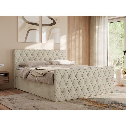 MKS MEBLE Boxspringbett 120x200 mit Bettkasten, Bett 120x200 mit Matratze H4, Boxspringbett 120x200 mit Topper - Miren Duo - Beige Velvet - H4