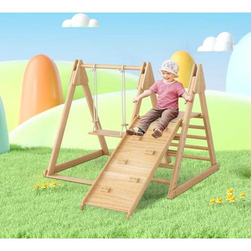 ProximaX 3-in-1 Kinderspielzeug: Klettergerüst, Schaukel und Rutsche aus massiver Kiefer, perfekt für drinnen.