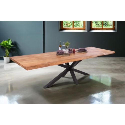 Esstisch mit Ansteckplatten 180(280)x90 cm Baumkante Akazie natur Spider-Gestell schwarz CALI