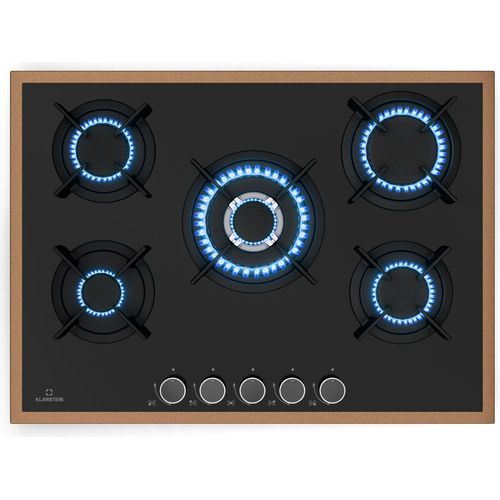 Klarstein Lumiflame Gaskochfeld, 5-Brenner Kupferrahmen, 10,4 kW, Elektrische Zündung, FFD-Sicherheit, Glasoberfläche, Gusseiserne Topfträger, LPG & Erdgas-kompatibel, 70 cm Breite