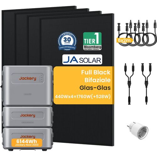 Balkonkraftwerk mit Speicher 6144Wh, Jackery Navi 2000 Speicher mit JaSolar 1760W(+528W) Full Black Bifaziale Solarmodule