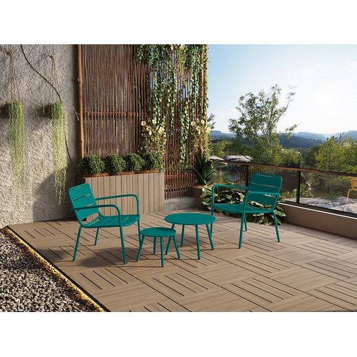 Garten-Sitzgruppe: 2 niedrige, stapelbare Sessel + Beistelltische - Metall - Blau - MIRMANDE von MYLIA